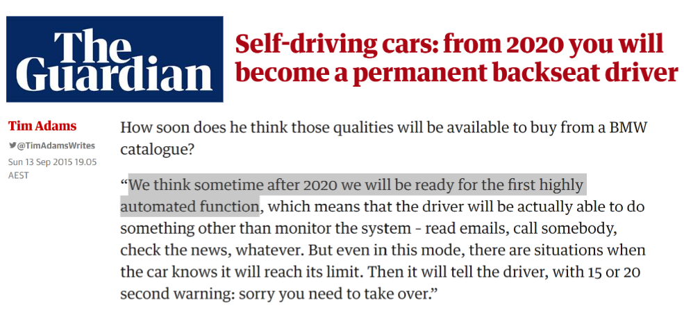 The Guardian article predicting autonomous cars by 2020
